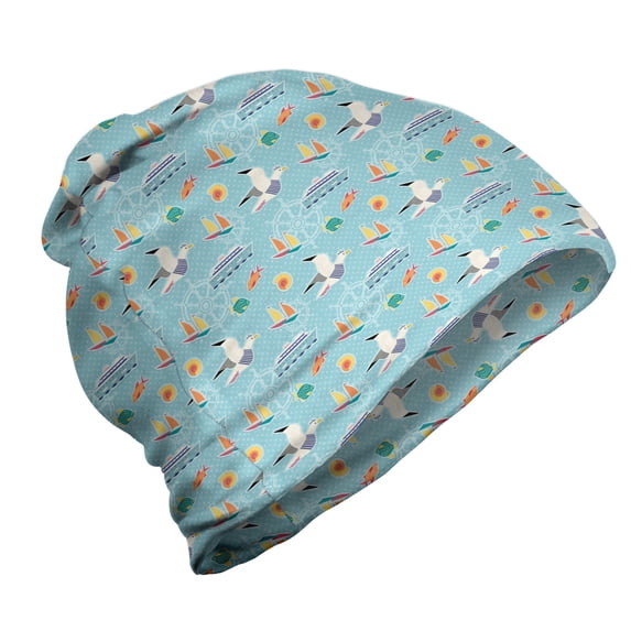 Marine Unisex Beanie, Seagulls Sailboats Yachts, Hiking Outdoors, Pale Sky Blue Multicolor, by Ambesonne