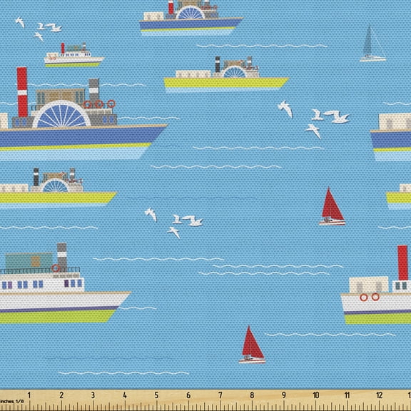 Marine Upholstery Fabric by the Yard, Transportation Ships Sailing at the Sea Waves Sailing Doves Flying in Sky Cartoon, Decorative Fabric for DIY and Home Accents, Multicolor by Ambesonne