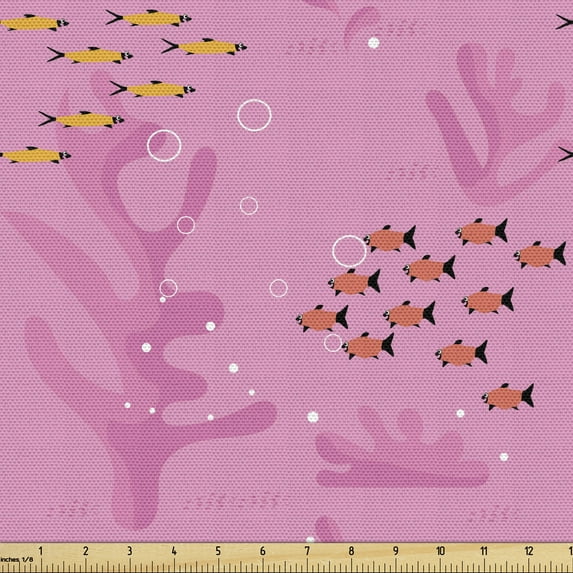 Ambesonne Marine Fabric by the Yard Upholstery, Sea Life Fishes and Coral, 2 Yards, Pink Mustard Orange
