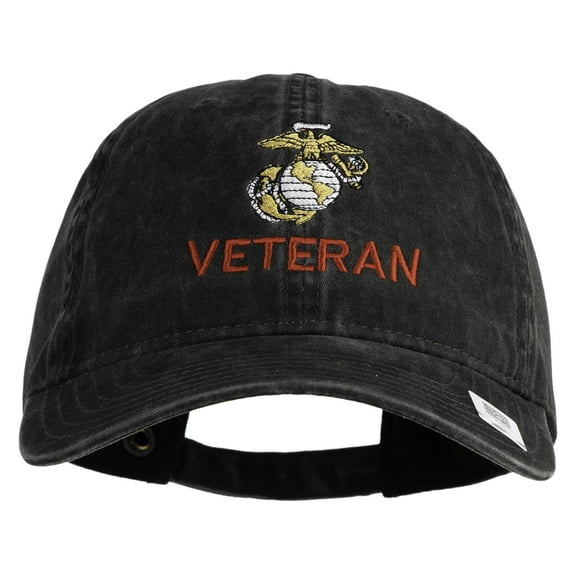 Marine Veteran Embroidered Washed Solid Pigment Dyed Cotton Twill Brass Buckle Cap - Black OSFM