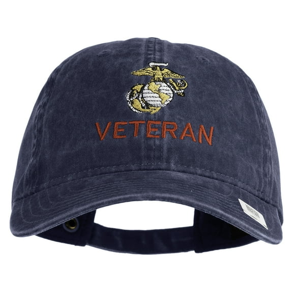 Marine Veteran Embroidered Washed Solid Pigment Dyed Cotton Twill Brass Buckle Cap - Navy OSFM