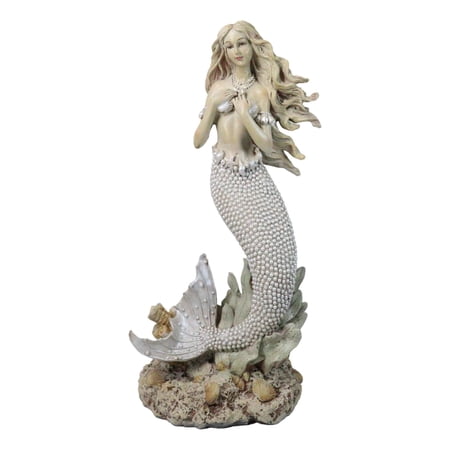 Marine Vintaged Pearly White Ariel Mermaid Sitting On Sea Rock Figurine 16" H