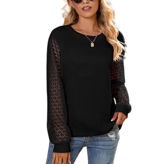 SWSMCLT Women's Long Sleeve Blouse Soft Crewneck Sweat Shirt Sweatshirt Knit Fashion Fall Sheer Spring Home Winter Black XX-Large