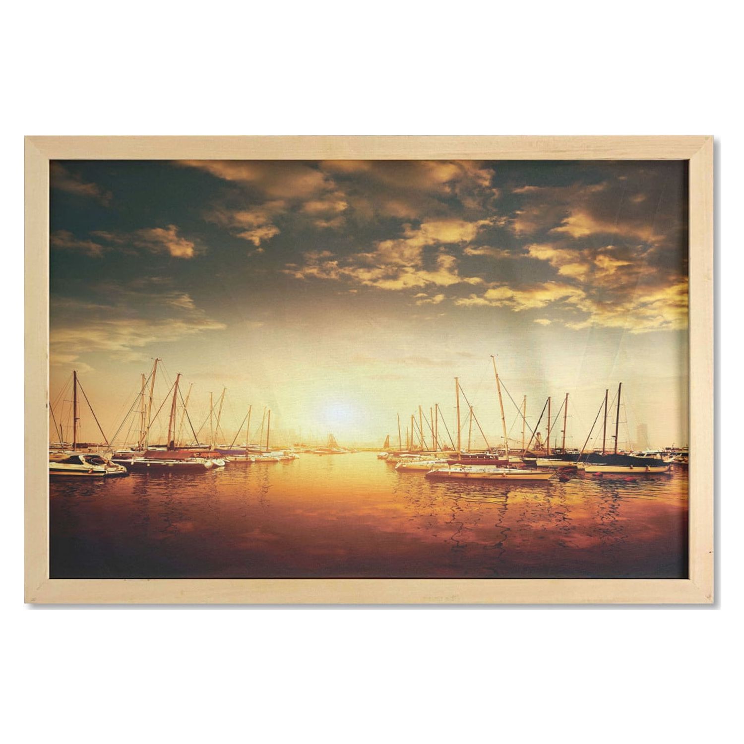 Marine Wall Art with Frame, Sunset Photo with Cloudy Sky and Boats and