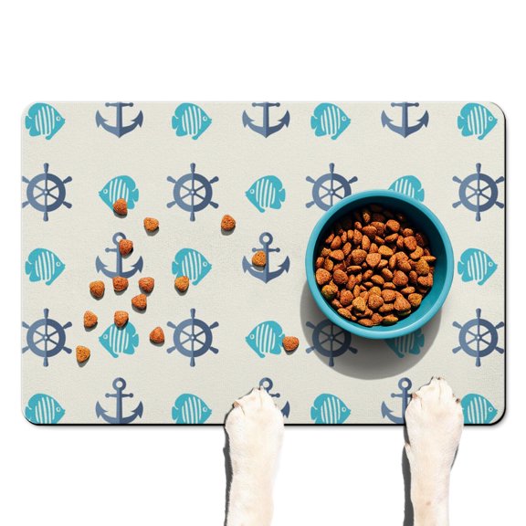 Marine Waves Ocean Lighthouse Dog Food Mat – Nautical Beach Pet Feeding Mat 16x24, Non-Slip, Absorbent, Quick Dry, Waterproof, Easy Clean