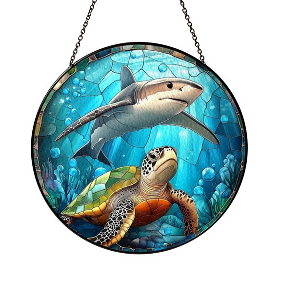 Marine Wildlife Shark Window Suncatcher, Sea Turtle Scene Stained Glass Style Decor