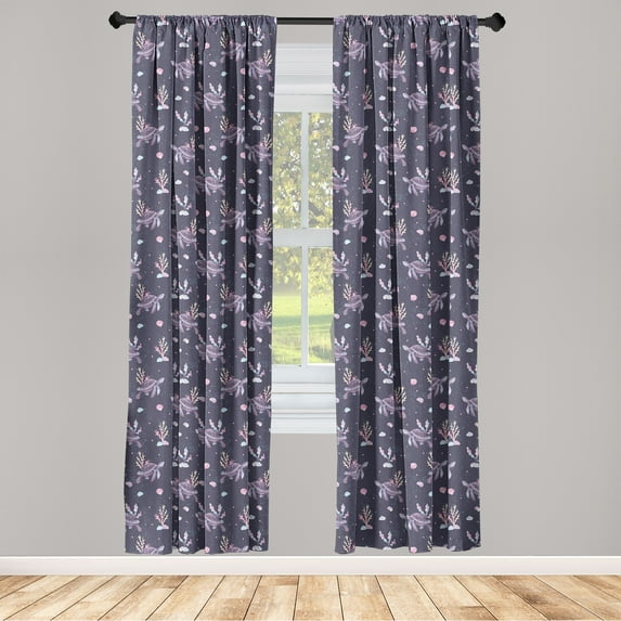 Marine Window Curtains, Caretta Caretta Illustration With Water Stones and Corals on Spotted Back, Lightweight Decor 2-Panel Set with Rod Pocket, Pair of - 28"x63", Dark Indigo and Plum, by Ambesonne