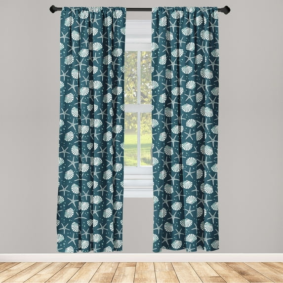 Marine Window Curtains, Coast Inspired Seashell and Starfish Drawing on Underwater Theme Back, Lightweight Decor 2-Panel Set with Rod Pocket, Pair of - 28"x63", Pale Petrol Blue Eggshell, by Ambesonne