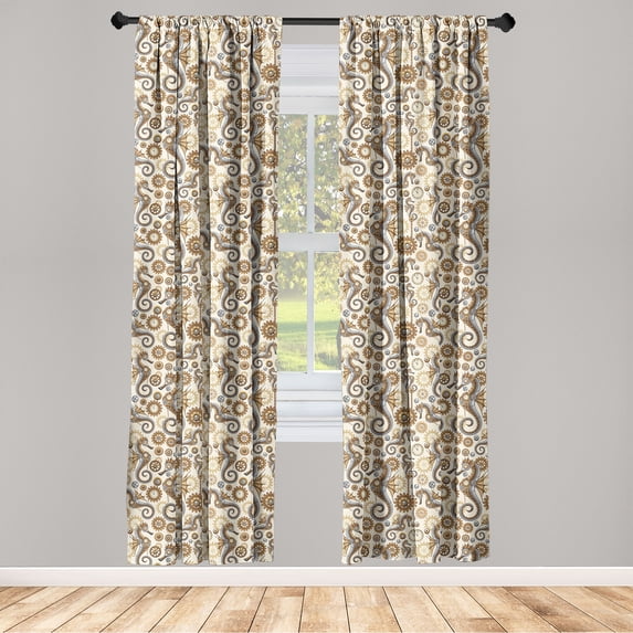 Marine Window Curtains, Steampunk Style Seahorse Robot Ocean Creature Retro Nautical Artwork, Lightweight Decor 2-Panel Set with Rod Pocket, Pair of - 28"x84", Pale Brown Grey and Cream, by Ambesonne