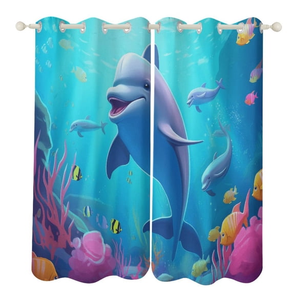 Marine World Dolphin Blackout Curtains, Watercolor Pattern Window Treatment Grommet Curtains for Bedroom Thermal Insulated Window Curtains for Living Room 2 Panel Set