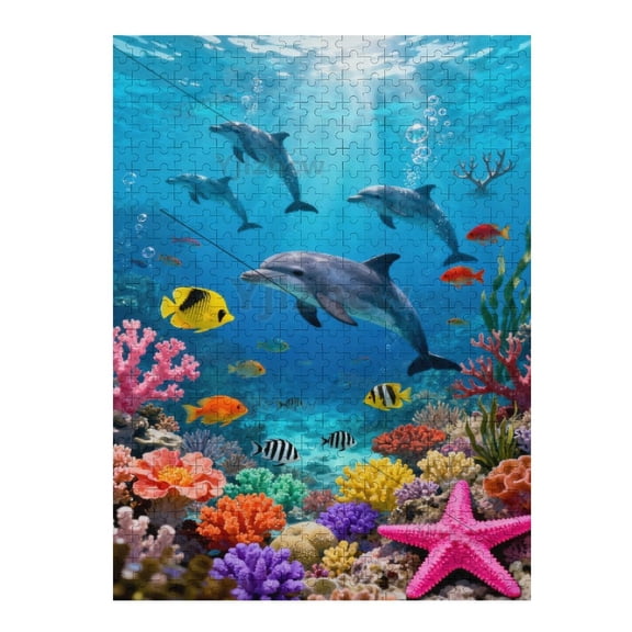 Marine World Wooden Jigsaw Puzzle 500 Piece Dolphins Tropical Fish Coral Reef Ocean Scene Puzzle for Adults Challenging Relaxing Leisure Decorative Home Decor