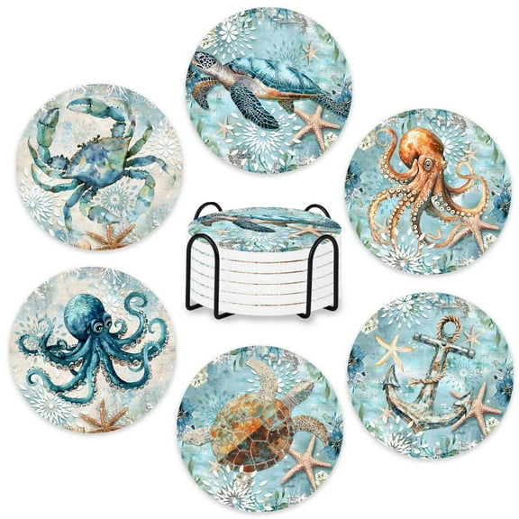 Marine style Drink Coasters with Holder Sets of 6 Coasters with Cork Backing Suitable for Kinds of Cups Absorbent Coaster