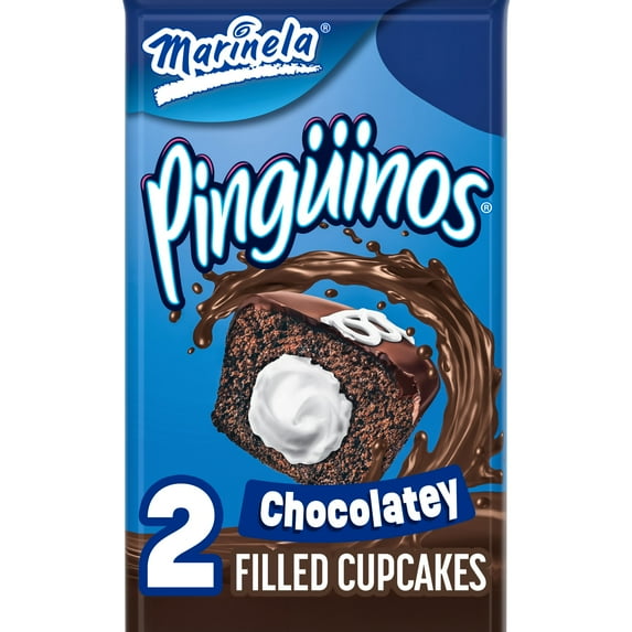 Marinela Pingüinos Chocolatey Filled Cupcakes, 2 Count, Crème-filled Chocolate Snack Cakes, 2.82 oz Bag