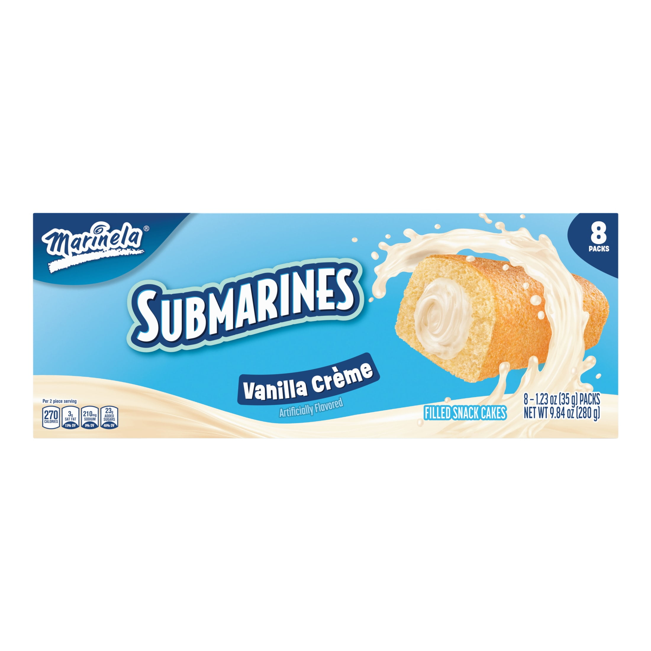 Marinela Submarines Vanilla Crème Filled Cakes, 8 packs, Filled Sponge Cake, 9.84 oz Multipack