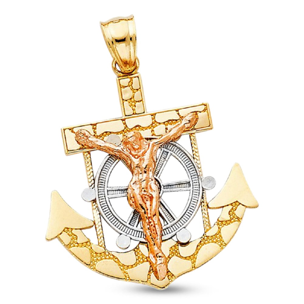 Solid 14K Gold Anchor & Mariner's Cross Pendant With Jesus Crucifix - PT1226