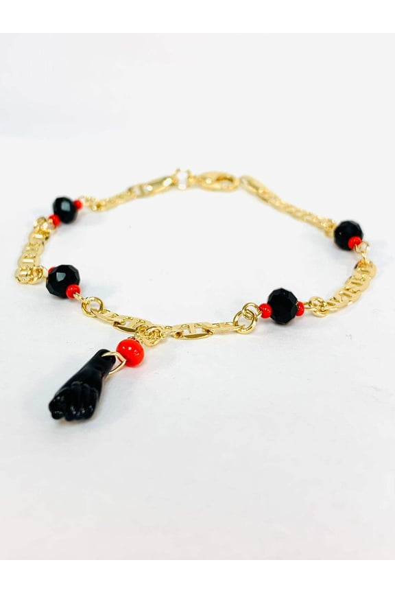 Mariner Link Azabache Bracelet / Womens Azabache Bracelet 7.5" Good Luck & Protecton Jewelry / Evil Eye Bracelet for Protection / Pulsera con Azabache Oro Laminado / Bracelet with Simulated Azabache