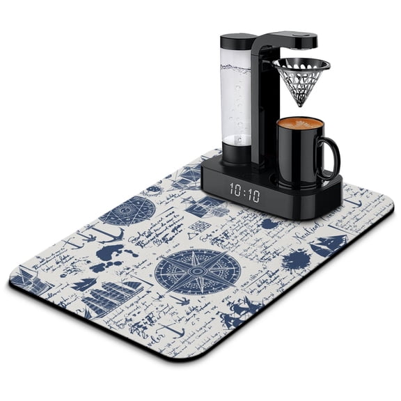 Mariner's Map Coffee Bar Mat - Ocean-Inspired Absorbent Mat for Coffee Makers, 4-Layer Non-Slip Counter Protector