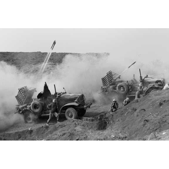 Marines Launch Rockets Toward Japanese Positions To Support U.S. Soldiers On Iwo Jima. The Mobile Rocket Units Employed Hit And Run Tactics To Escape Enemy Counterfire. Ca. Feb. 20-March 16. World War