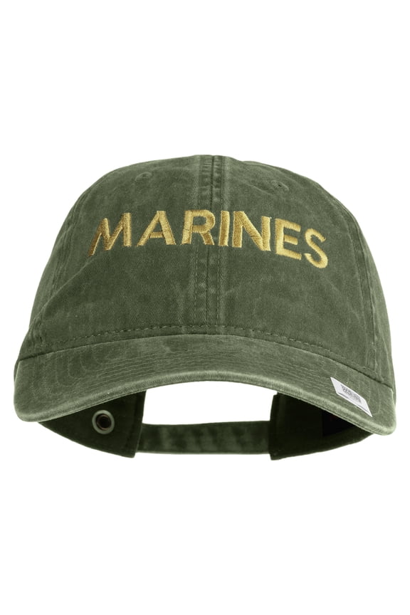 Marines Letter Embroidered Washed Solid Pigment Dyed Cotton Twill Brass Buckle Cap - Black OSFM
