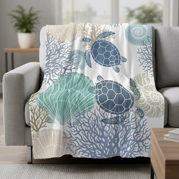 Marines Life Fleece Throw Blanket Sea Turtle Green Shell Coral Coastal Summer Ultra Soft Fuzzy Cozy Flannel Throw Blanket for Couch Sofa Bed Car Travel, Ideal Gifts 30x40 Inches