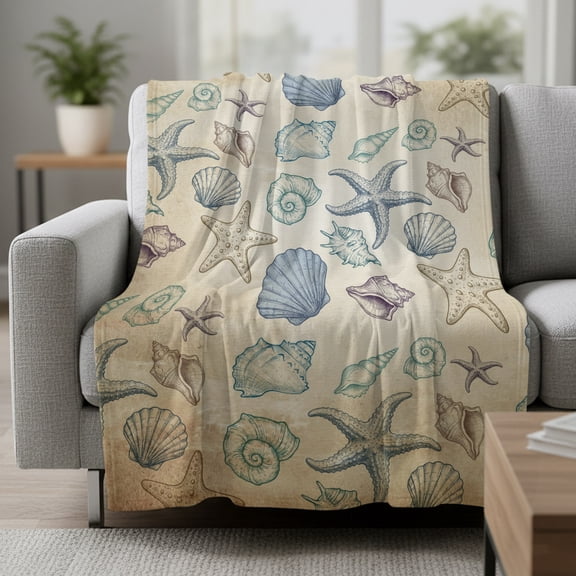 Marines Life Fleece Throw Blanket Starfish Blue Shell Coastal Summer Vintage Ultra Soft Fuzzy Cozy Flannel Throw Blanket for Couch Sofa Bed Car Travel, Ideal Gifts 30x40 Inches