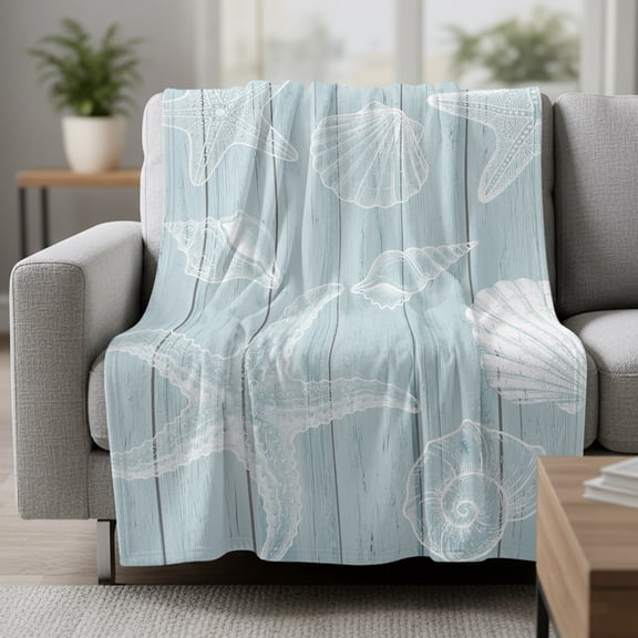 Marines Life Fleece Throw Blanket Starfish Shell Coral Coastal Summer Blue Wood Grain Ultra Soft Fuzzy Cozy Flannel Throw Blanket for Couch Sofa Bed Car Travel, Ideal Gifts 30x40 Inches