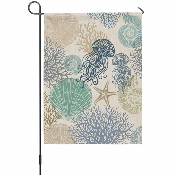 Marines Life Garden Flag 12 x 18 Inches, Jellyfish Green Shell Coral Vintage Linen Weather Proof Outdoor Patio Flags Double Sided Small Garden Decoration for Yard Outside Home
