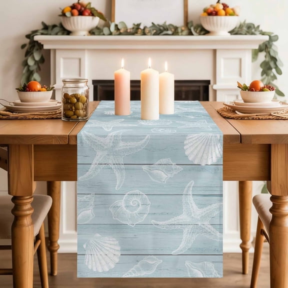 Marines Life Table Runner, Starfish Shell Coral Coastal Summer Blue Wood Grain Cotton Linen Kitchen Table Decoration Washable Dining Tabletop Runners for Home Party Decor 18x72 Inches