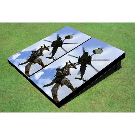 Marines Propelling From Helicopter Themed Cornhole Boards