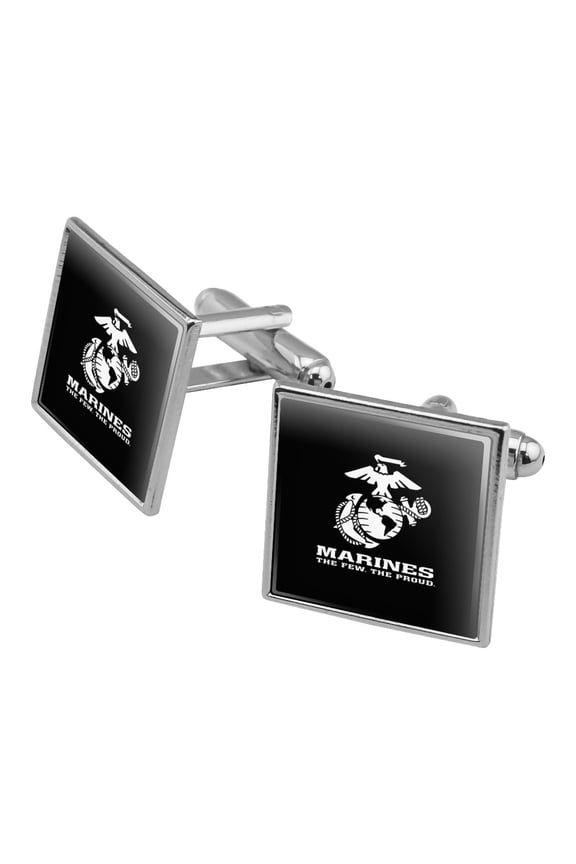 Marines The Few The Proud USMC White Logo on Black Officially Licensed Square Cufflink Set - Silver or Gold