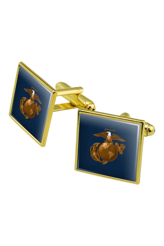 Marines USMC Eagle Globe Anchor on Blue Officially Licensed Square Cufflink Set - Silver or Gold