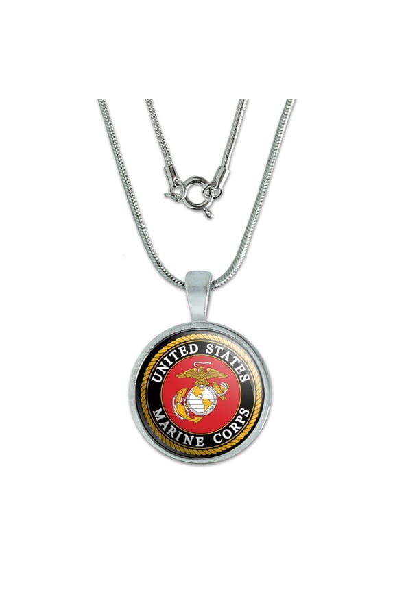 Marines USMC Emblem Black Yellow Red Officially Licensed 0.75" Pendant with Sterling Silver Plated Chain