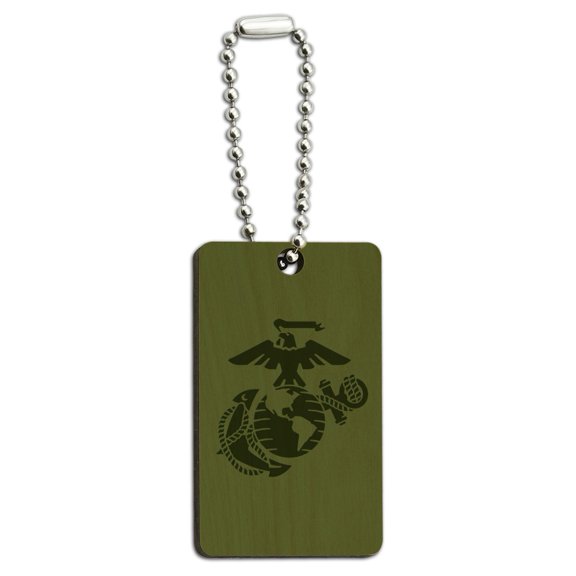 Marines USMC Green Logo Wood Wooden Rectangle Keychain Key Ring