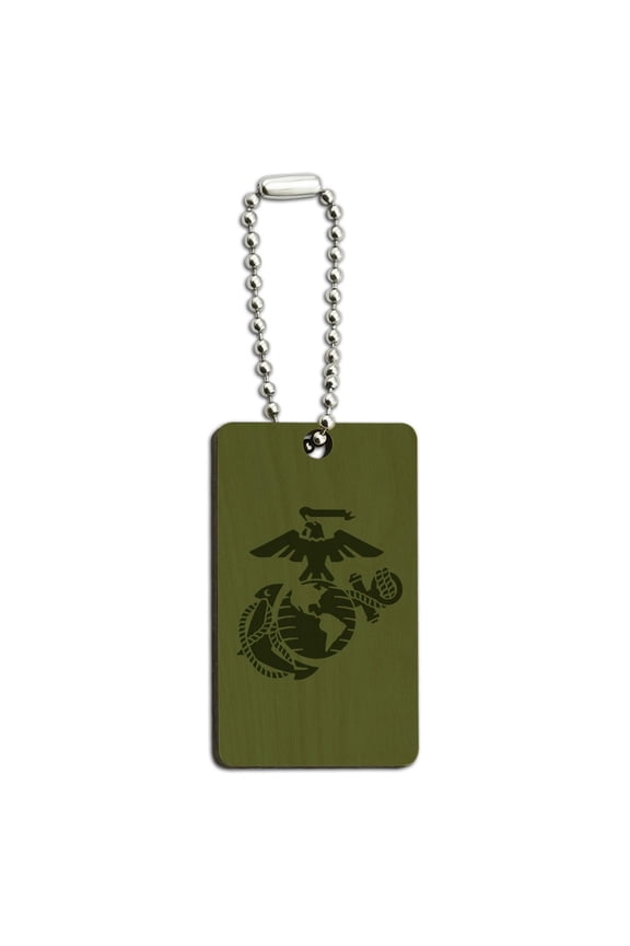 USMC Green Logo Wood Wooden Rectangle Keychain Key Ring