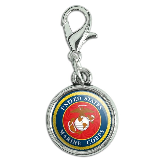 Marines USMC Logo Blue Red Gold Officially Licensed Antiqued Bracelet Pendant Zipper Pull Charm with Lobster Clasp