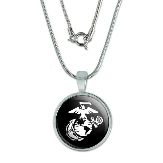 Marines USMC White Eagle Globe Anchor on Black Officially Licensed 0.75" Pendant with Sterling Silver Plated Chain