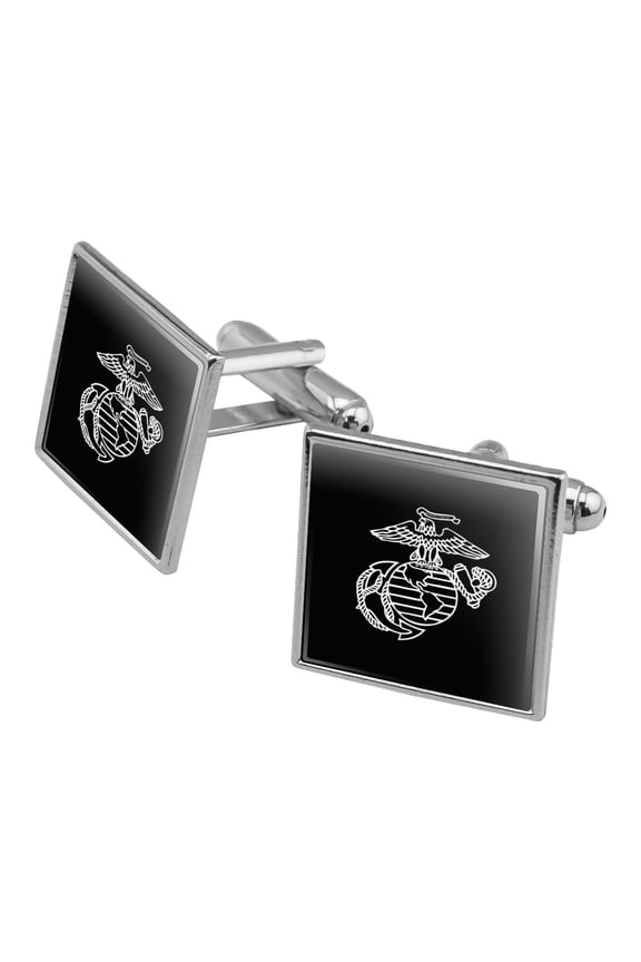 Marines USMC White on Black Eagle Globe Anchor Logo Officially Licensed Square Cufflink Set - Silver or Gold