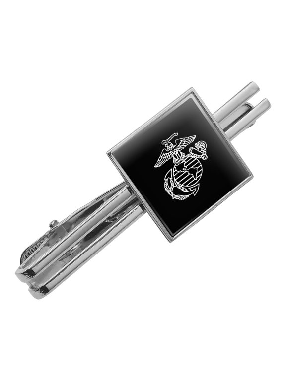 Marines USMC White on Black Eagle Globe Anchor Logo Officially Licensed Square Tie Bar Clip Clasp Tack- Silver or Gold