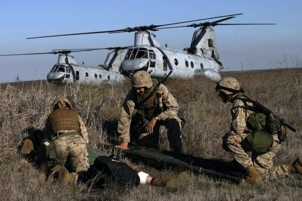 Marines and sailors being transported in CH-53 and CH-46 helicopters Canvas Art - Stocktrek Images (34 x 23)