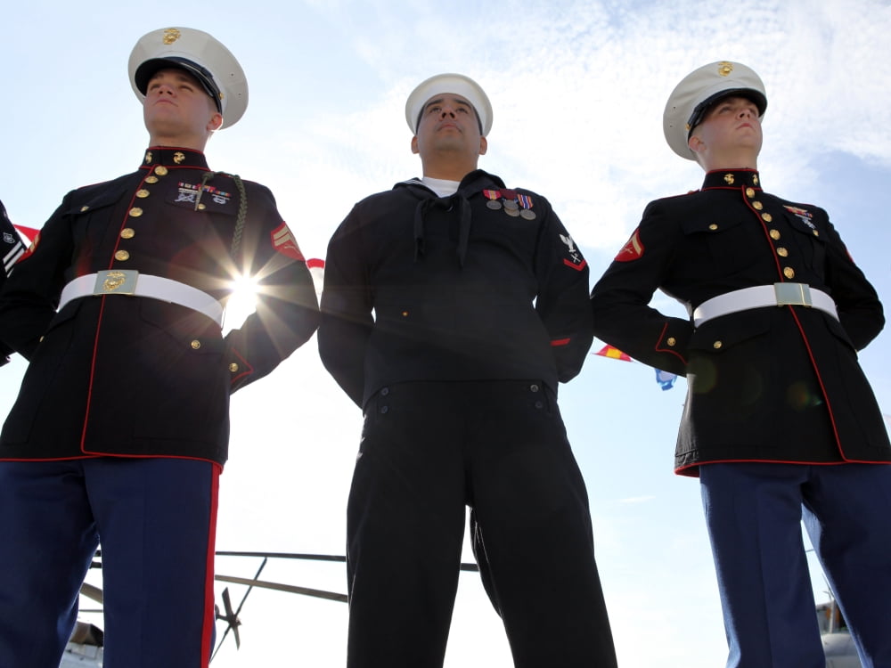 Marines and sailors man the rails aboard USS New York during the ships commissioning Canvas Art - Stocktrek Images (33 x 25)
