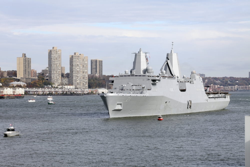 Marines and sailors man the rails of the USS New York Canvas Art - Stocktrek Images (34 x 23)