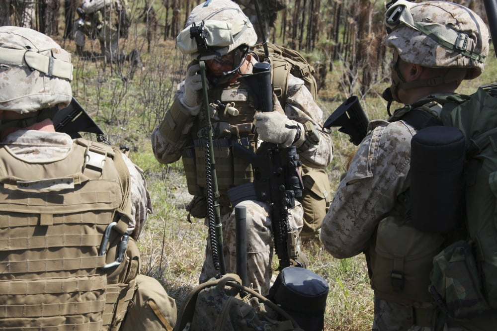 Marines communicate with other elements via radio at Camp Lejeune Canvas Art - Stocktrek Images (35 x 23)