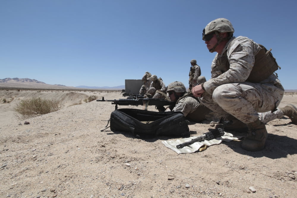 Marines firing the M240G machine gun at a shooting range Canvas Art - Stocktrek Images (35 x 23)