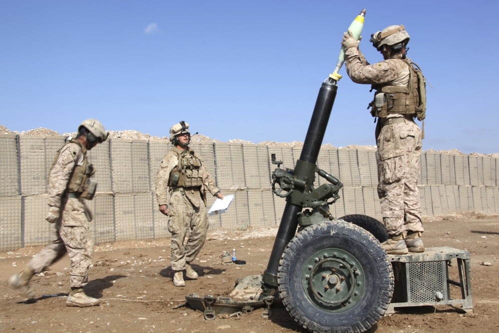 Marines prepare to fire a 120mm mortar Canvas Art - Stocktrek Images (35 x 23)