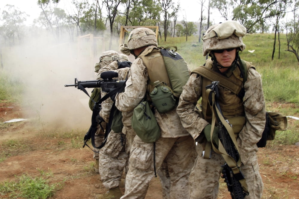 Marines prepare to rush in to clear a room Canvas Art - Stocktrek Images (34 x 23)