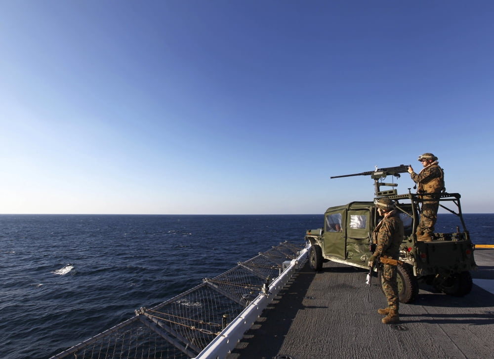 Marines provide defense security at the bow of the USS Iwo Jima Canvas Art - Stocktrek Images (33 x 24)