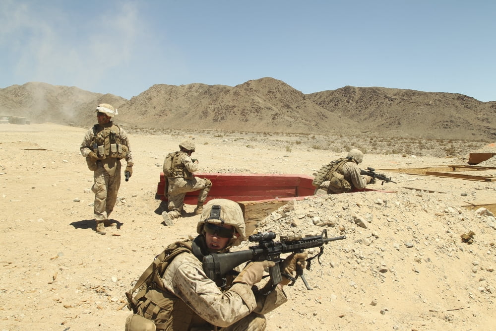 Marines provide supporting fire during a simulated battle Canvas Art - Stocktrek Images (35 x 23)