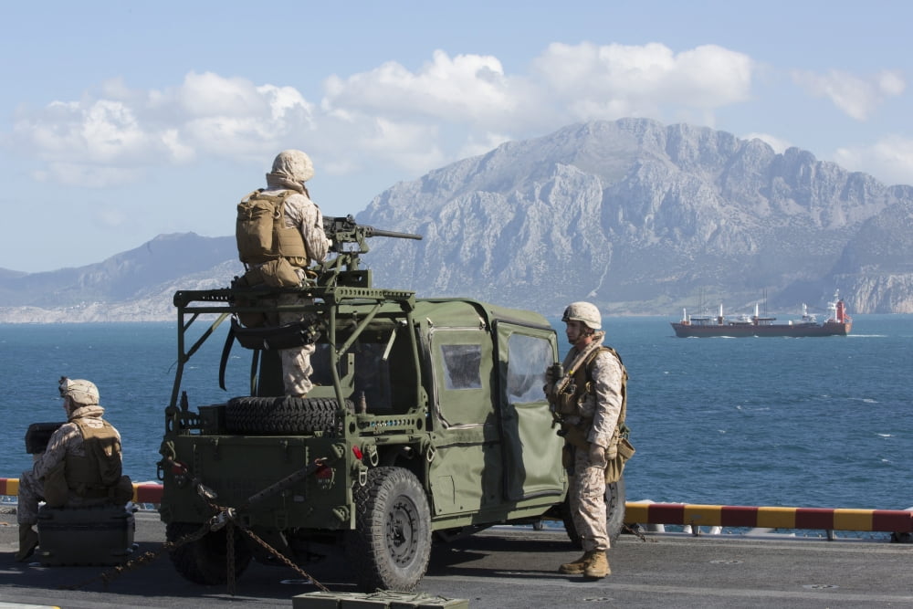 Marines stand watch on the flight deck of USS Kearsarge Canvas Art - Stocktrek Images (35 x 23)