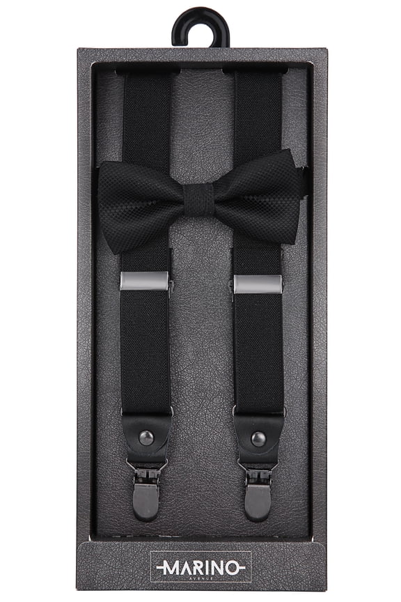 Marino Elastic Fashion Suspenders 1" Wide with Genuine Leather Tips, and Polyester Bow Tie Set for Men and Teens