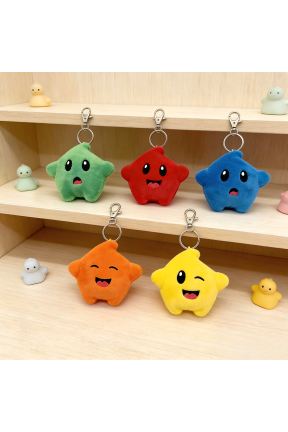 Mario 3" 5-Pack Star Plush Keychain – Game Star Stuffed Animal Clip-Ons – Cute Star Backpack Charms for Gaming Fans, Party Favors & School Bag Decor